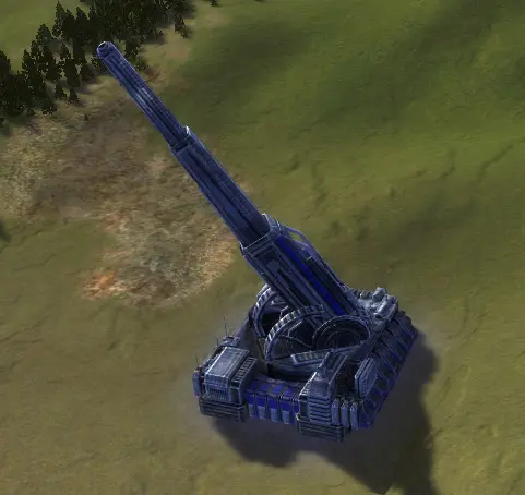 The Mavor Strategic Artillery, in it's deployed fire-mode, UEF Experimental Unit in Supreme Commander.